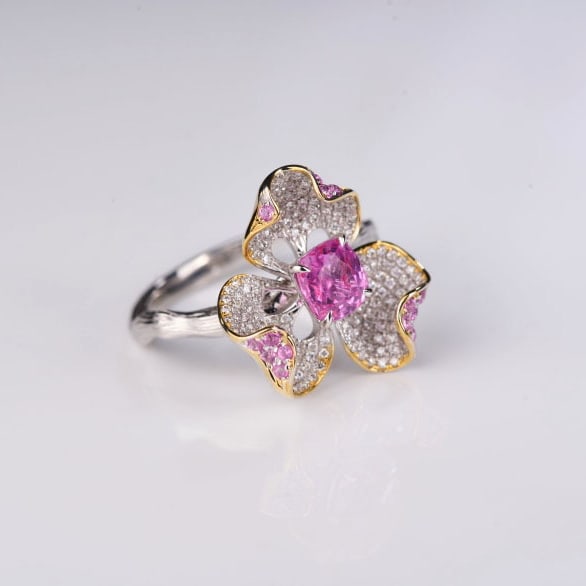 14k Gold 1.51 Ctw Natural Padparadscha Sapphire & Diamond & Flowers Ring - 2