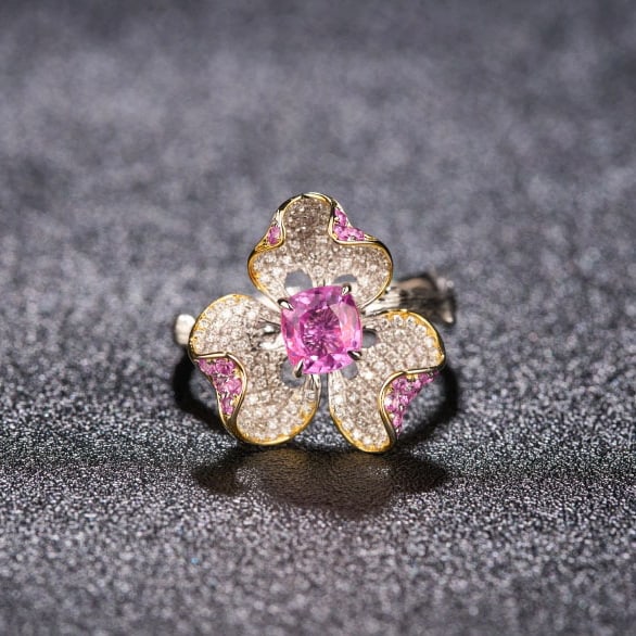 14k Gold 1.51 Ctw Natural Padparadscha Sapphire & Diamond & Flowers Ring - 3
