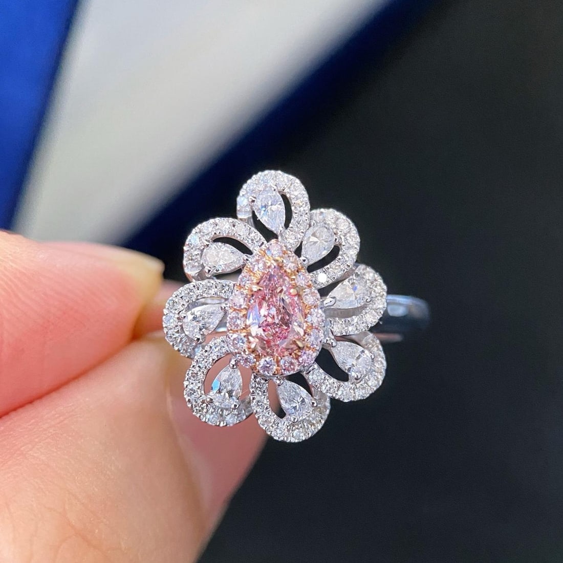 Gia Certified 14k Gold 0.86 Ctw Natural Pink Diamond & Diamond Ring: Ref:231186008 // gold content:14k gold // ring size:7. 25us // // main gemstone:pink diamond // certified:gia // shape:pear // carat weight:0. 29ct // clarity grade:vs1 // color:pink // treatment:natu
