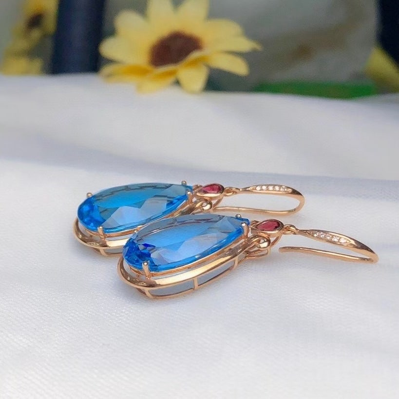 14k Gold 22.6 Ct Natural Topaz & Diamond Earrings - 3