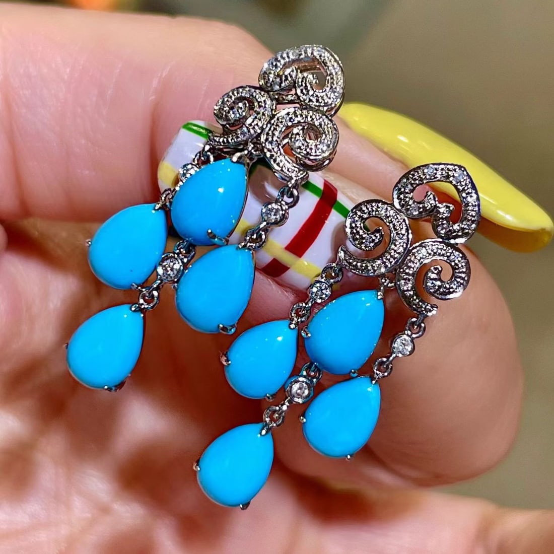 14k Gold 5.82 Ctw Natural Blue Turquoise & Diamond Earrings - 3
