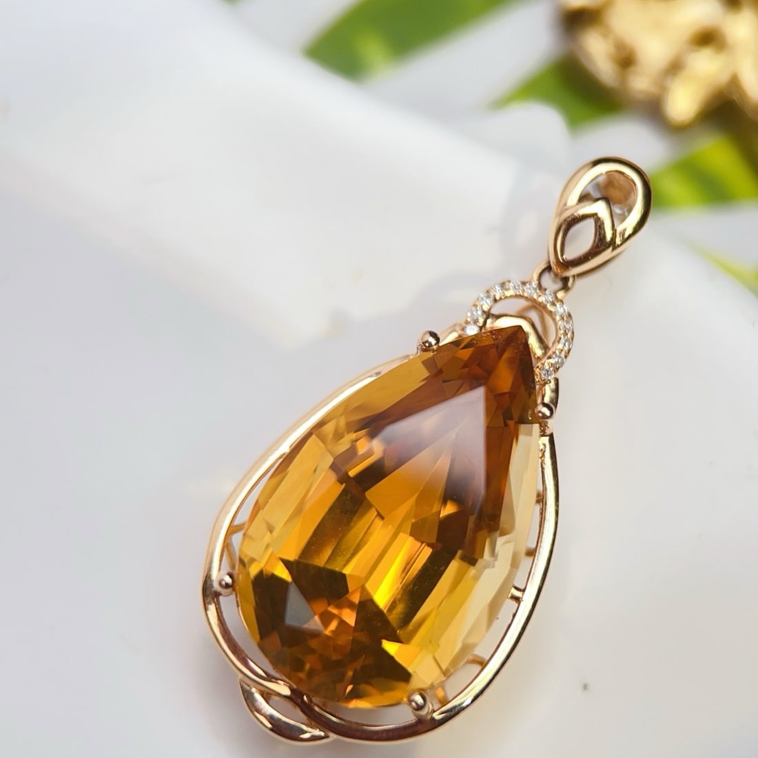 14k Gold 14.43 Ctw Natural Citrine & Diamond Pendant( Without Chain ) - 4