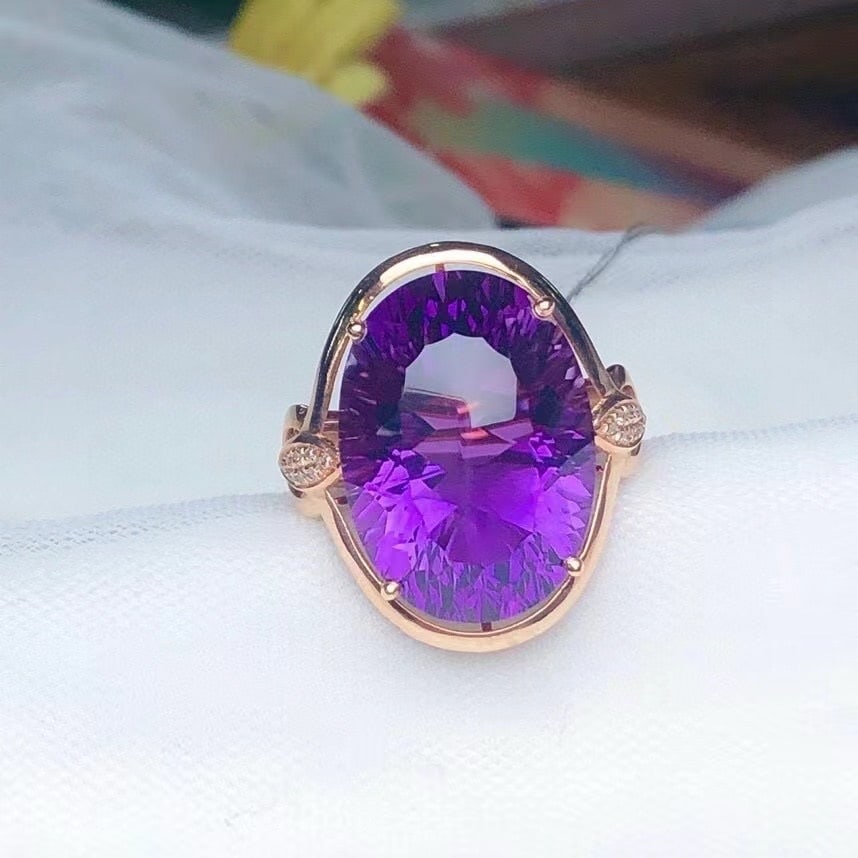 14k Gold 12.85 Ct Natural Amethyst & Diamond Ring - 4