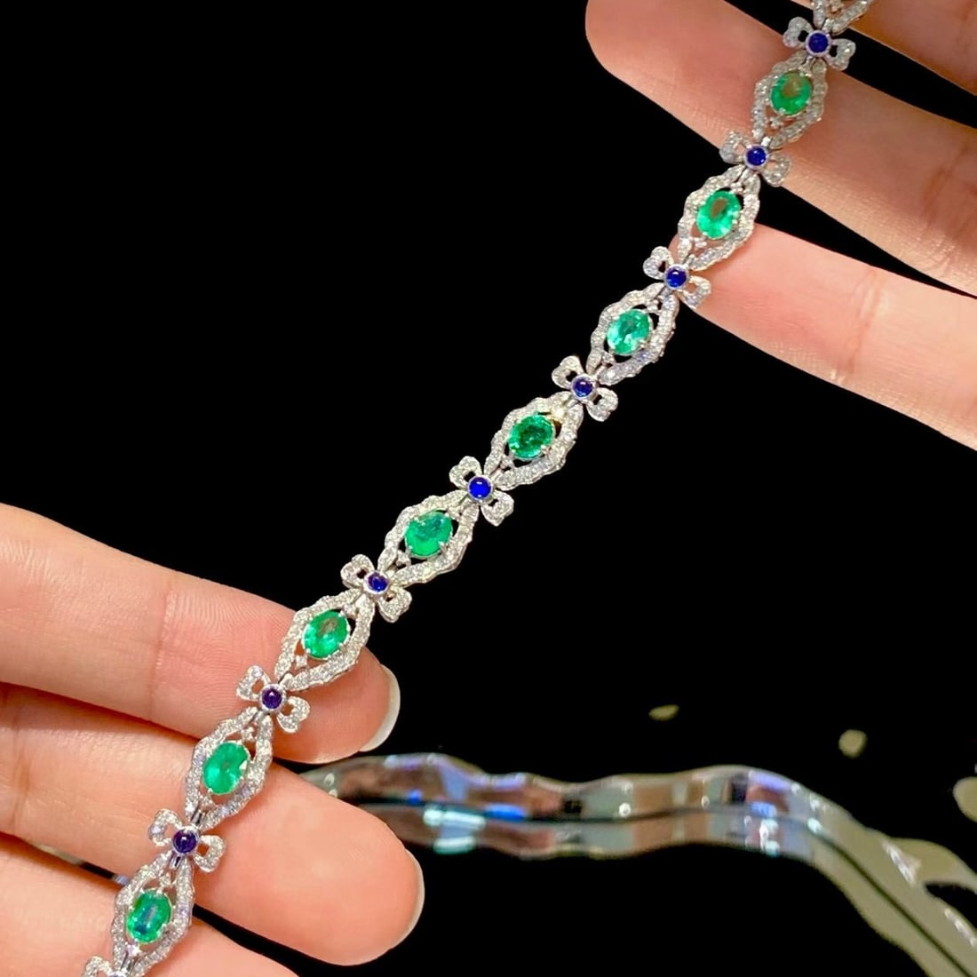 14k Gold 3 Ct Natural Emerald & Diamond & Sapphire Bracelet - 3