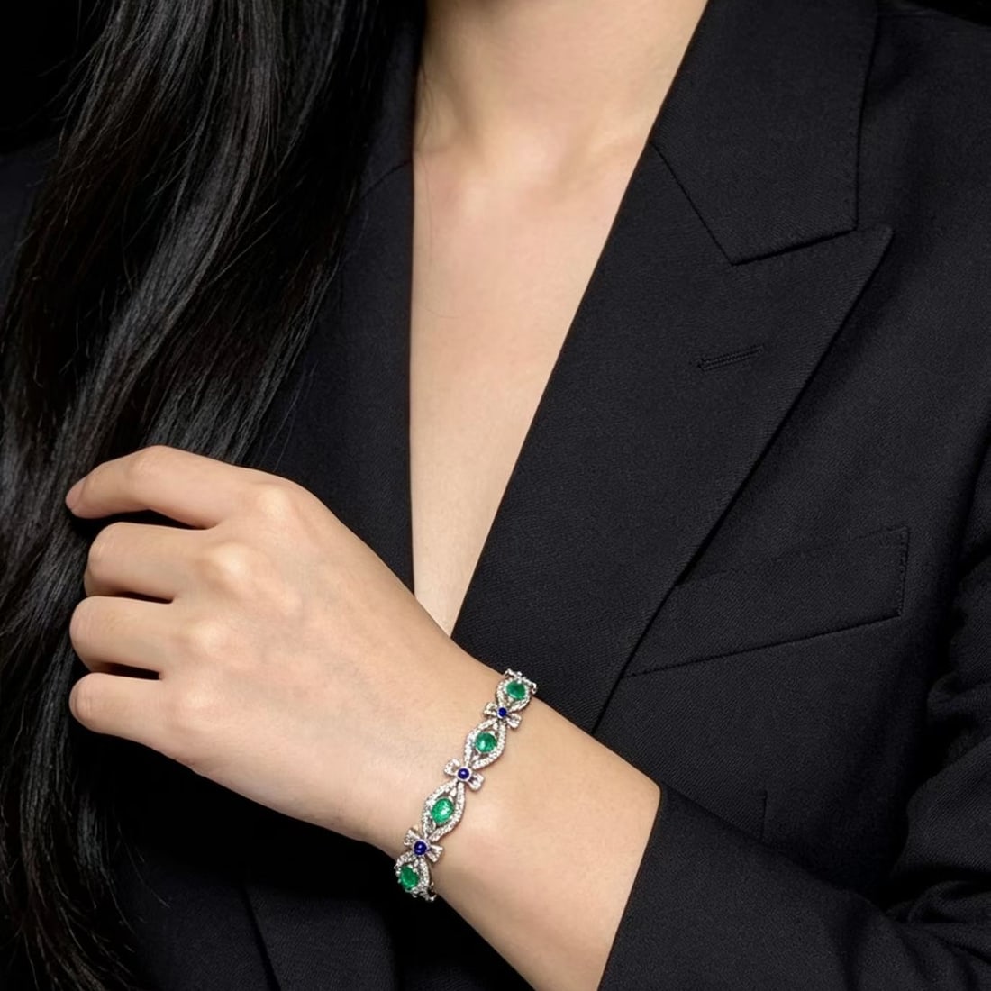 14k Gold 3 Ct Natural Emerald & Diamond & Sapphire Bracelet - 5
