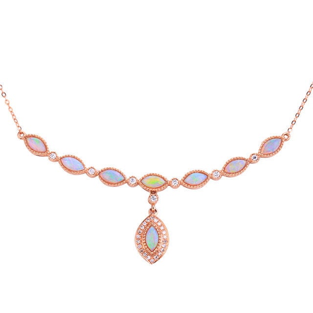 14k Gold 0.79 Ctw Natural Opal & Diamond Necklace - 5