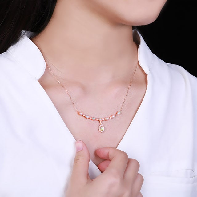 14k Gold 0.79 Ctw Natural Opal & Diamond Necklace - 6