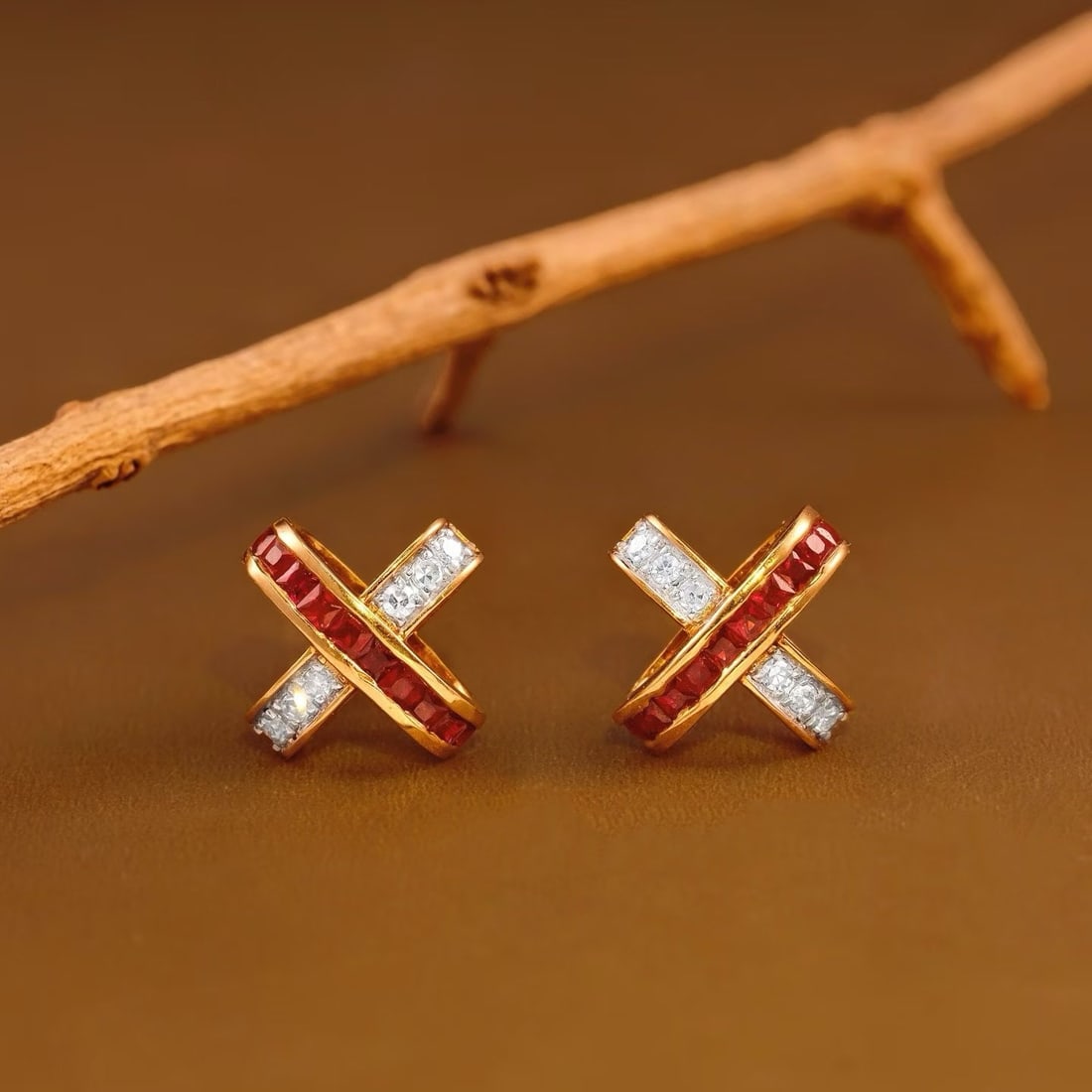 14k Gold 0.56 Ctw Natural Ruby & Diamond Earrings: Ref:231186050 // gold content:14k gold // main gemstone:ruby // shape:princess // carat weight:0. 42ct // color:red // treatment:natural // // adjacent gemstone 2 : diamond // shape:round // carat