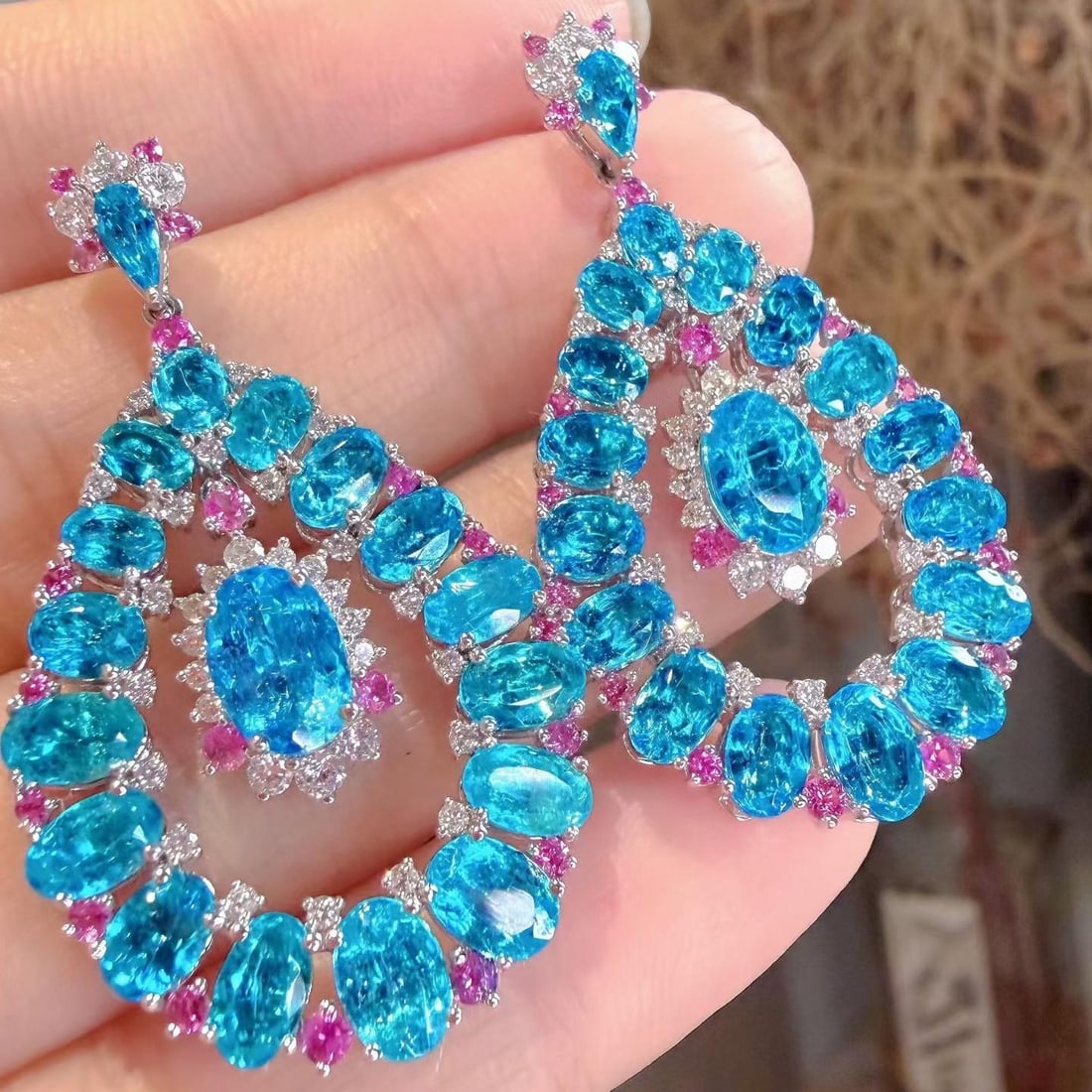 14k Gold 10.1 Ctw Natural Paraiba Tourmaline & Diamond Earrings: Ref:231186066 // gold content:14k gold // main gemstone:paraiba tourmaline // shape:multiple // carat weight:9ct // color:blue // treatment:natural // // adjacent gemstone 2 : diamond // shape:round