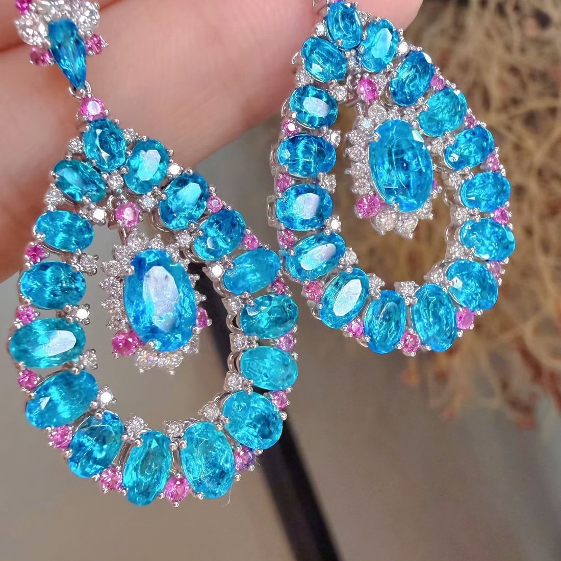 14k Gold 10.1 Ctw Natural Paraiba Tourmaline & Diamond Earrings - 2