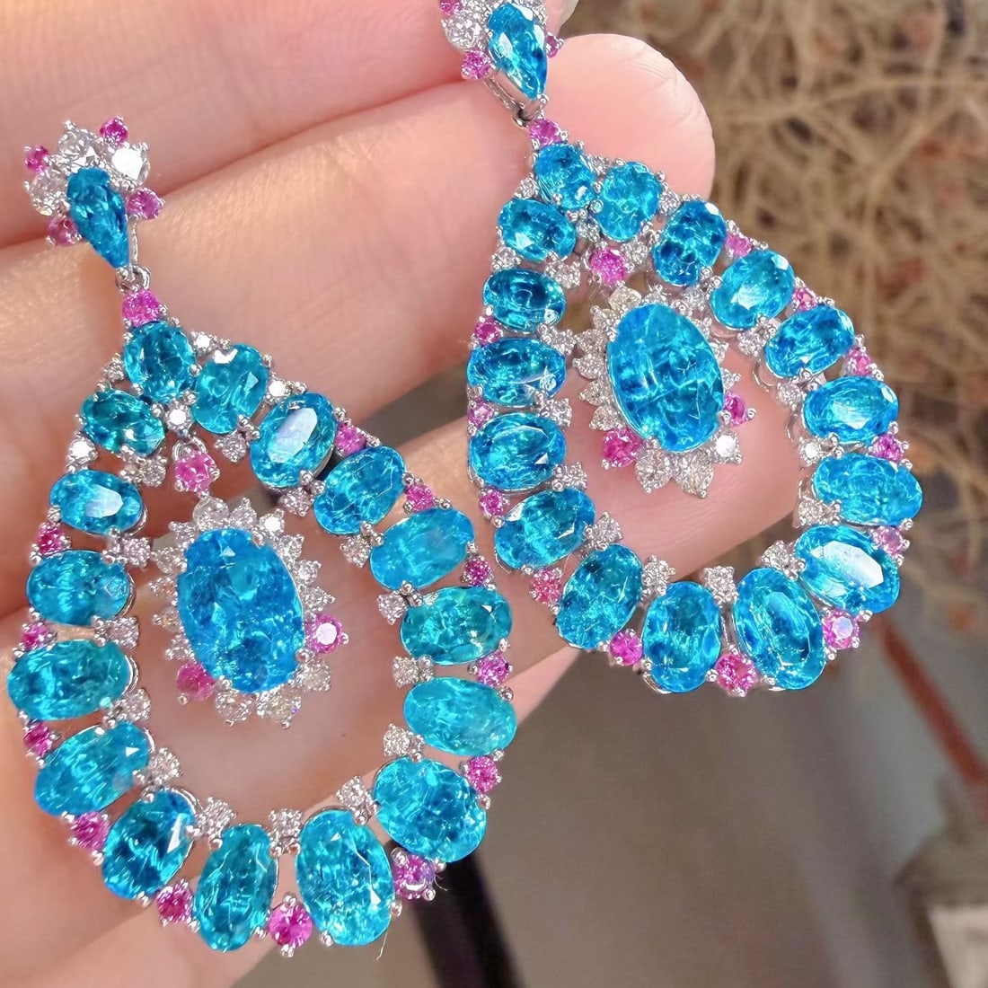14k Gold 10.1 Ctw Natural Paraiba Tourmaline & Diamond Earrings - 3