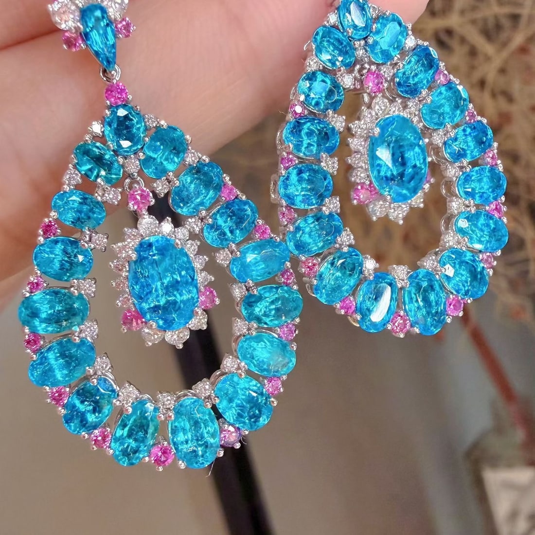14k Gold 10.1 Ctw Natural Paraiba Tourmaline & Diamond Earrings - 4