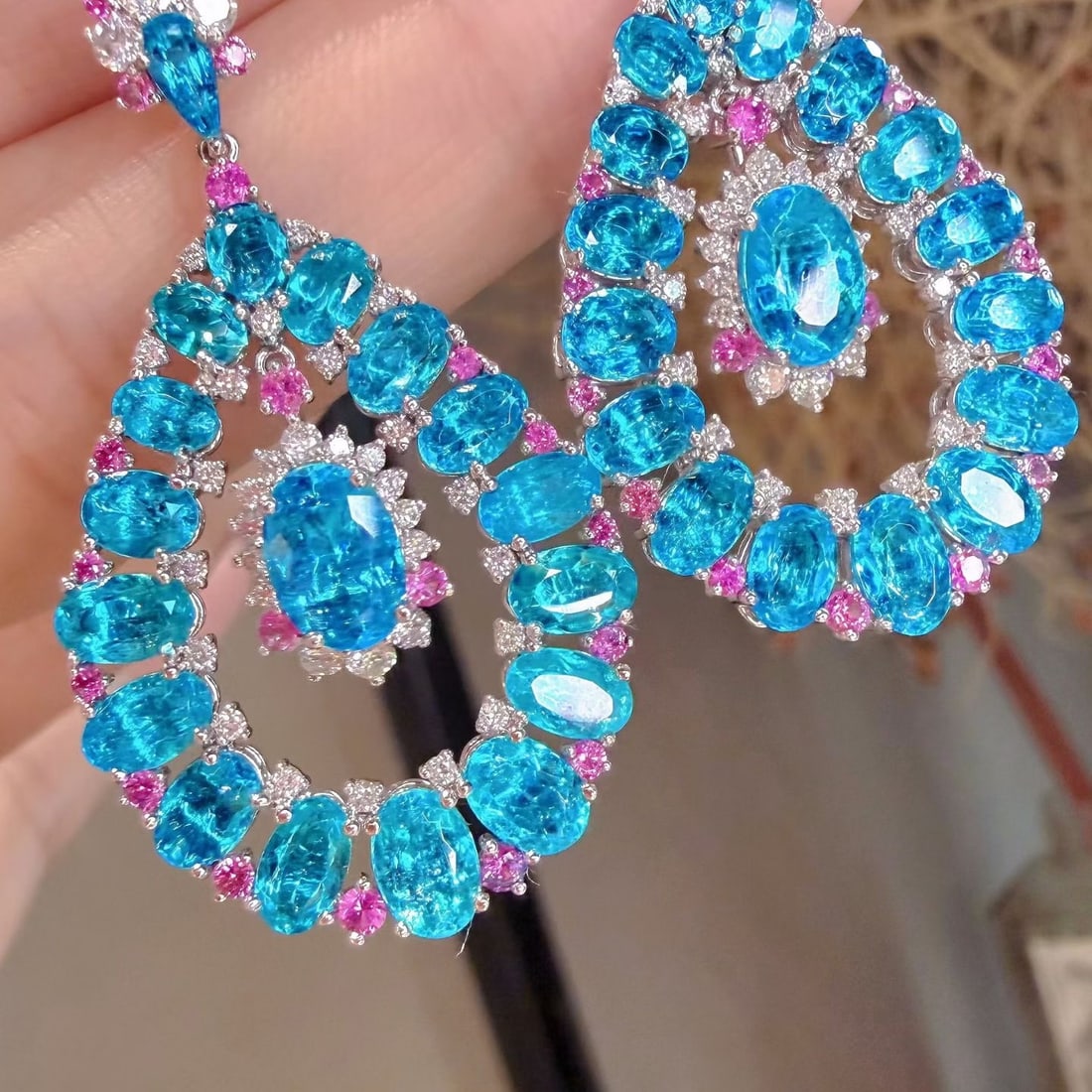 14k Gold 10.1 Ctw Natural Paraiba Tourmaline & Diamond Earrings - 6