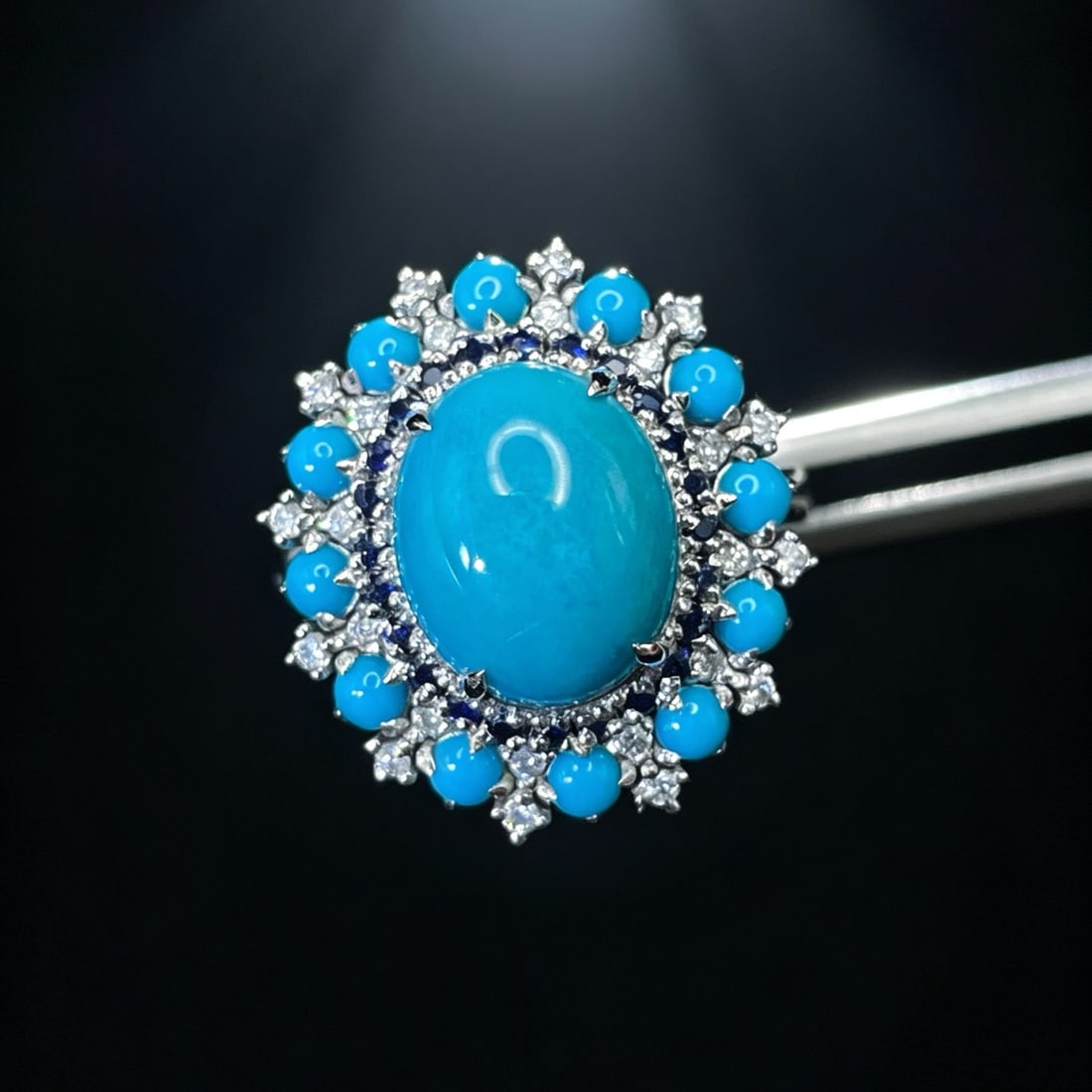 14k Gold 3.95 Ctw Natural Blue Turquoise & Diamond Ring - 3