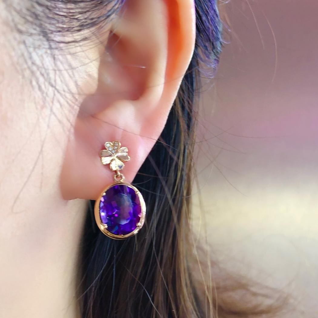 14k Gold 7.25 Ct Natural Amethyst & Diamond Earrings - 4
