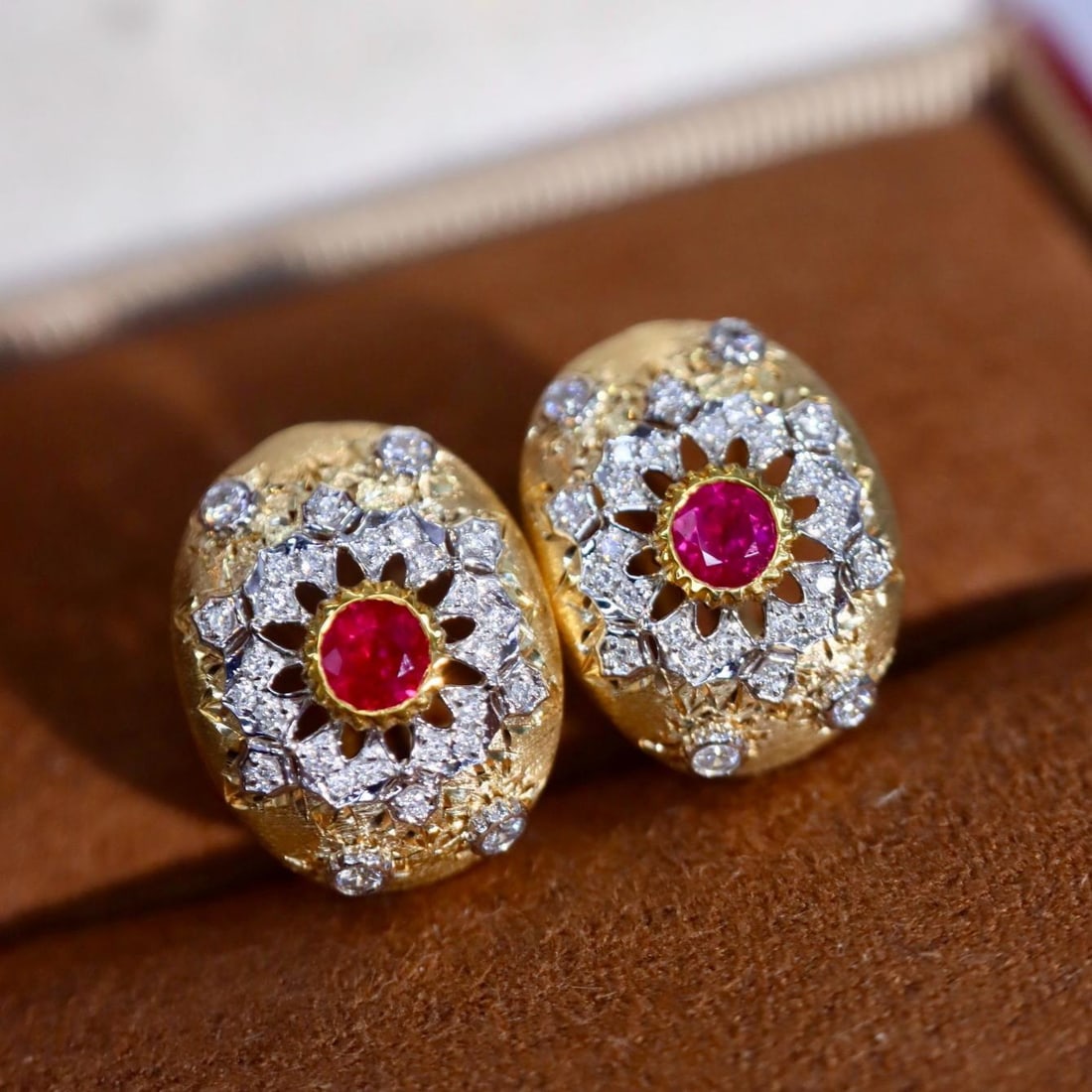14k Gold 0.58 Ctw Natural Ruby & Diamond Earrings: Ref:231186076 // gold content:14k gold // main gemstone:ruby // shape:round // carat weight:0. 35ct // color:red // treatment:natural // cut grade:g // // adjacent gemstone 2 : diamond // shape:round