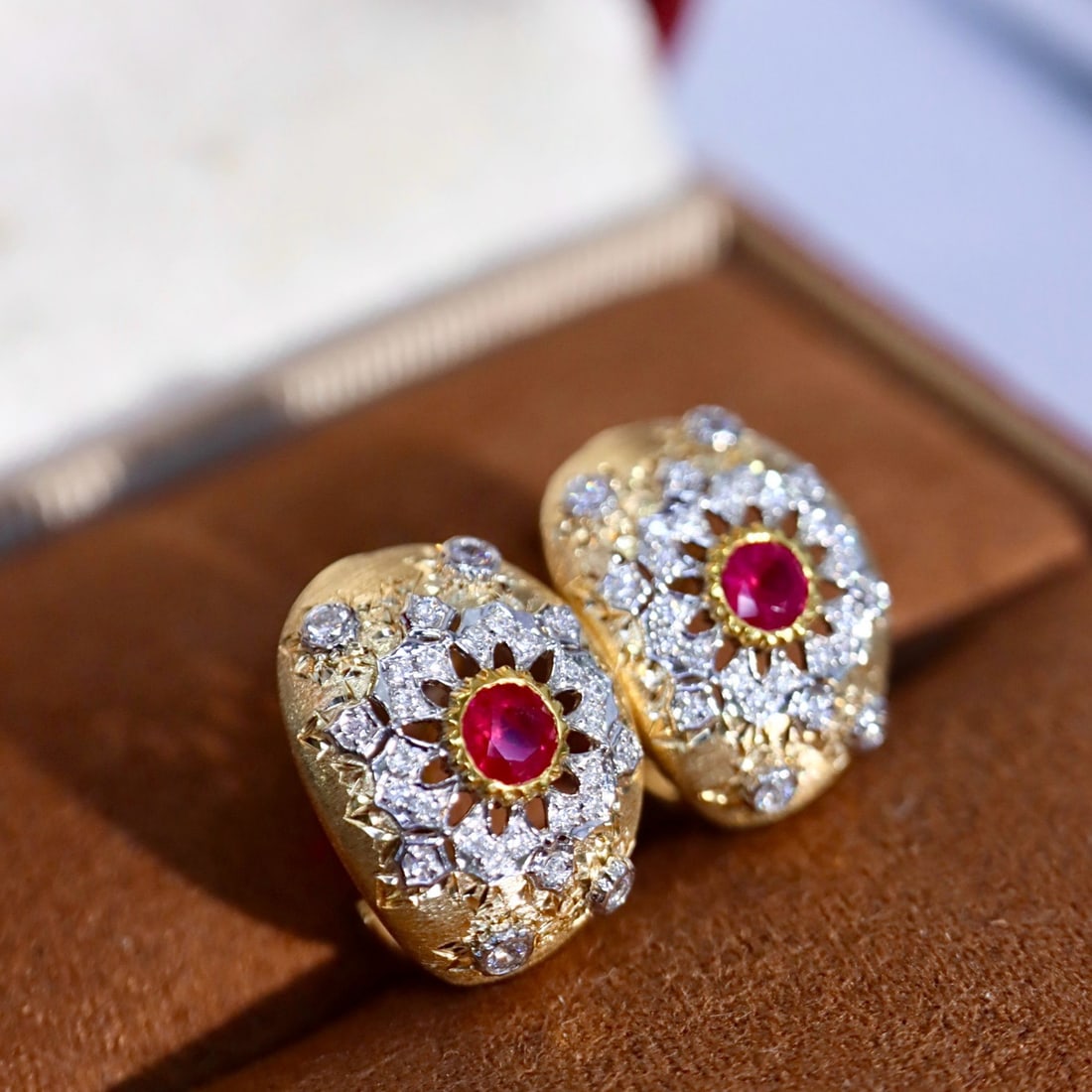 14k Gold 0.58 Ctw Natural Ruby & Diamond Earrings - 2
