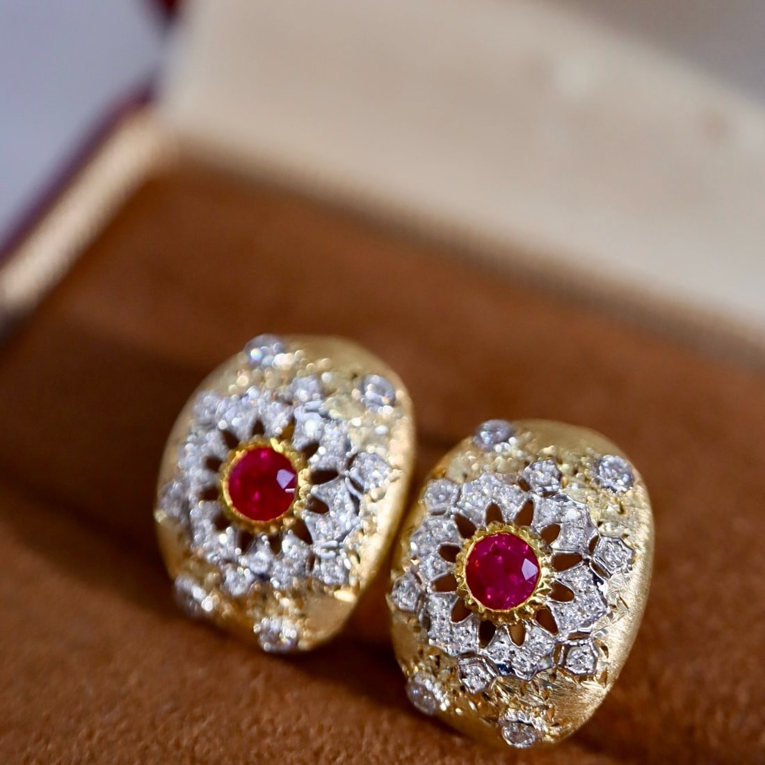 14k Gold 0.58 Ctw Natural Ruby & Diamond Earrings - 3