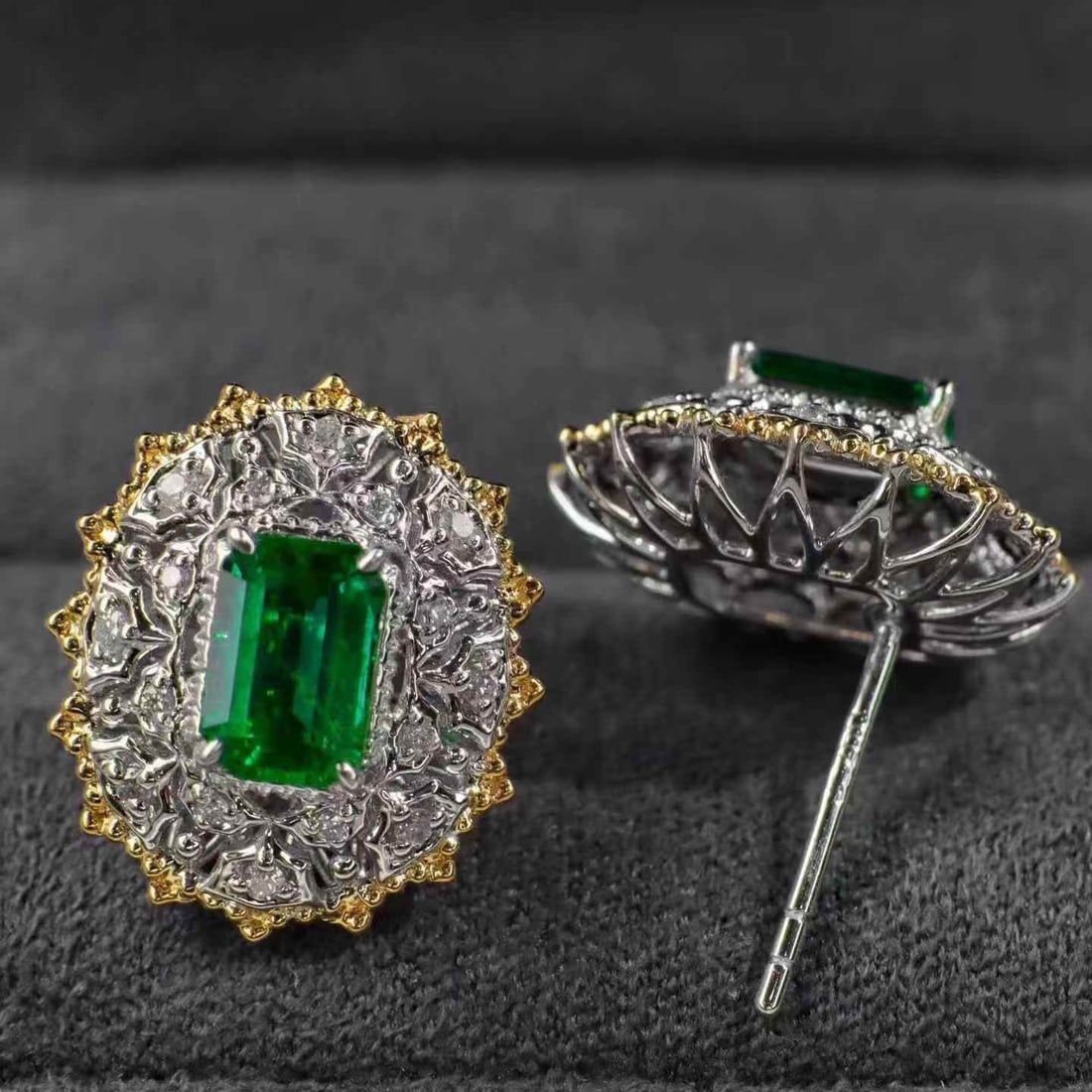14k Gold 1.37 Ctw Vivid Green Natural Emerald & Diamond Earrings - 3