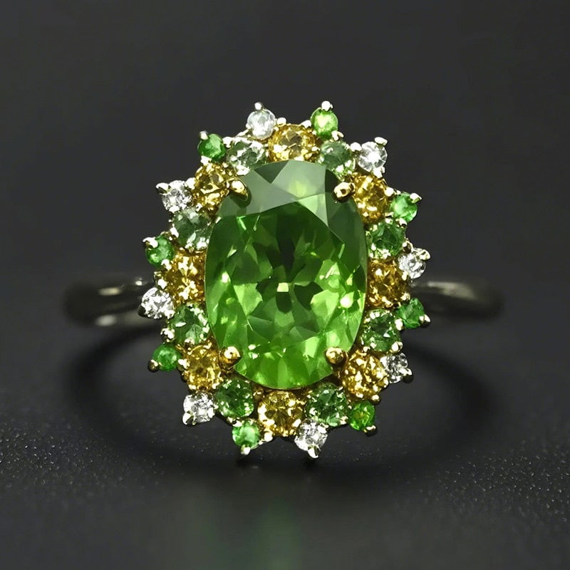 14k Gold 2.12 Ctw Natural Tsavorite & Diamond Ring: Ref:231186107 // gold content:14k gold // ring size:7. 25us // // main gemstone:tsavorite // shape:oval // carat weight:2. 01ct // color:green // treatment:natural // // adjacent gemstone 2 : diamond