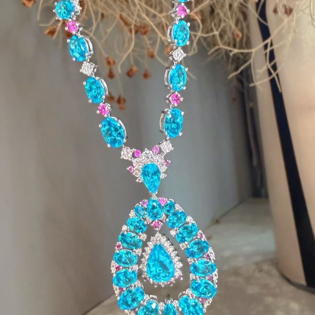14k Gold 12.4 Ctw Natural Paraiba Tourmaline & Diamond Necklace - 2