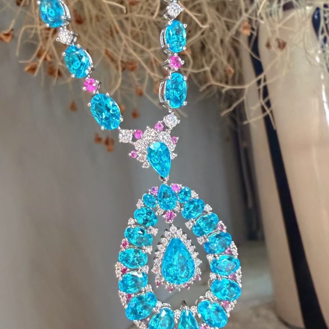 14k Gold 12.4 Ctw Natural Paraiba Tourmaline & Diamond Necklace - 3