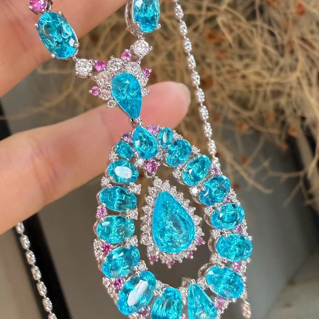 14k Gold 12.4 Ctw Natural Paraiba Tourmaline & Diamond Necklace - 6
