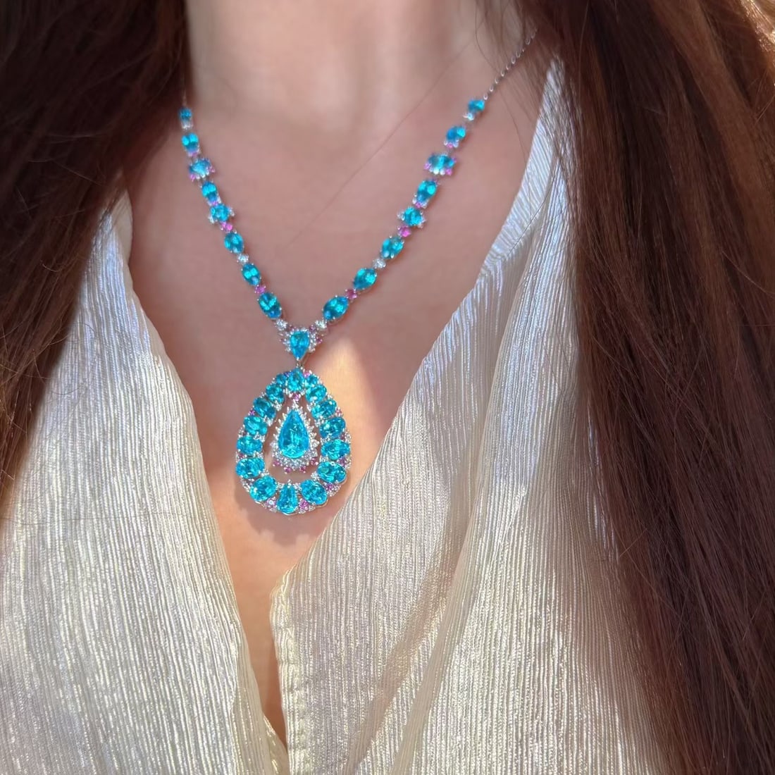 14k Gold 12.4 Ctw Natural Paraiba Tourmaline & Diamond Necklace - 8