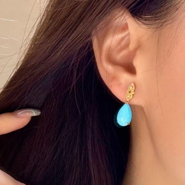 14k Gold 5.68 Ct Natural Blue Turquoise & Diamond & Ruby Earrings - 2