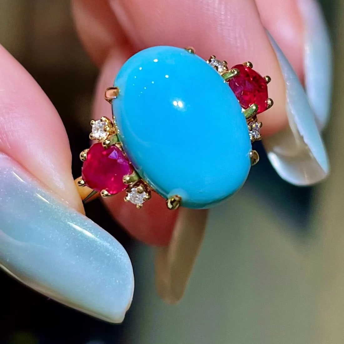 14k Gold 7.85 Ctw Natural Blue Turquoise & Ruby Ring - 2
