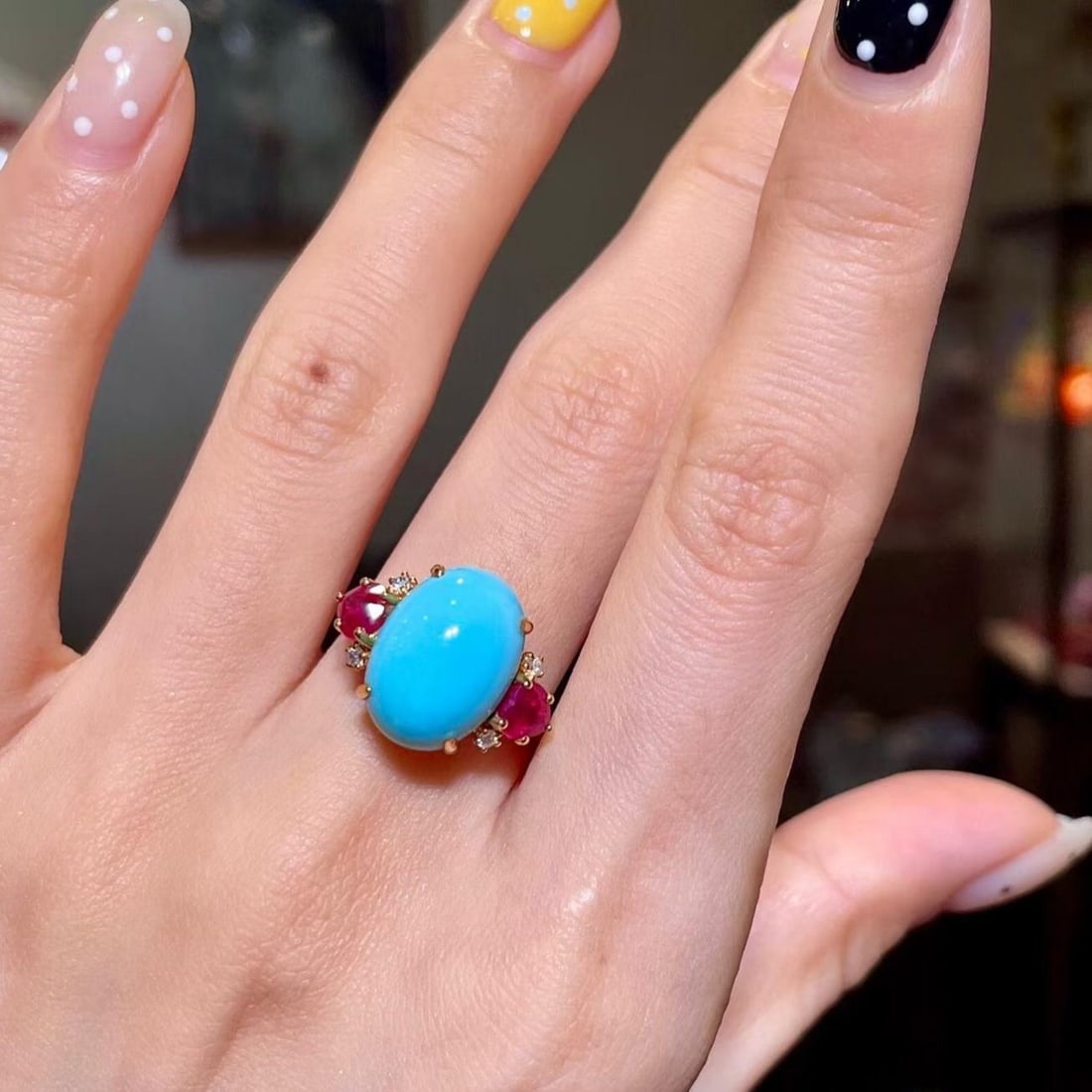 14k Gold 7.85 Ctw Natural Blue Turquoise & Ruby Ring - 3