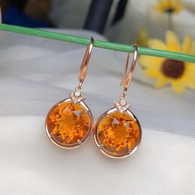 14k Gold 10.35 Ct Natural Citrine & Diamond Earrings - 4