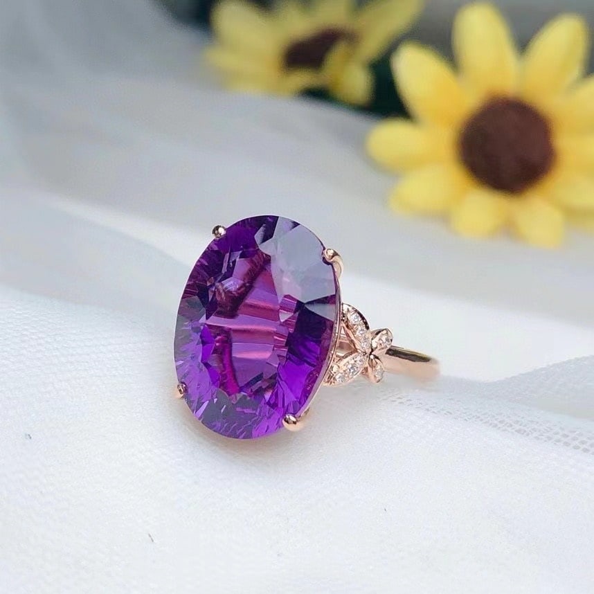 14k Gold 10.0 Ct Natural Amethyst & Diamond Ring - 3