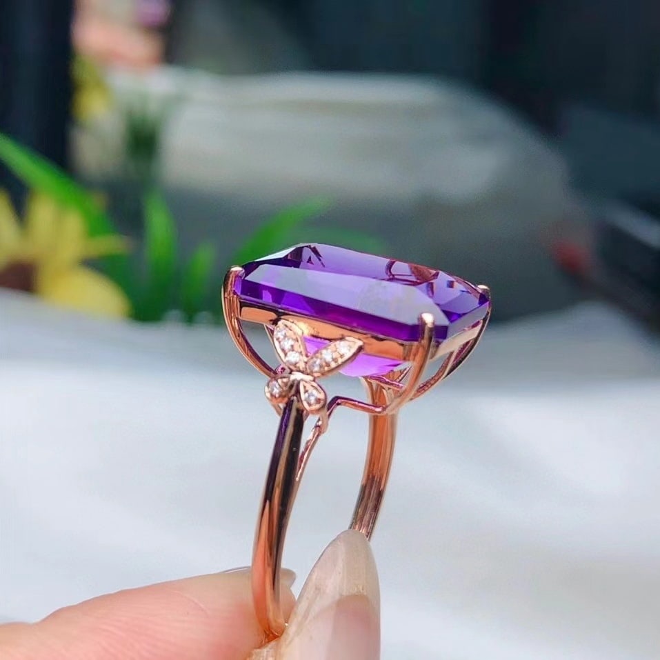 14k Gold 9.05 Ct Natural Amethyst & Diamond Ring - 4