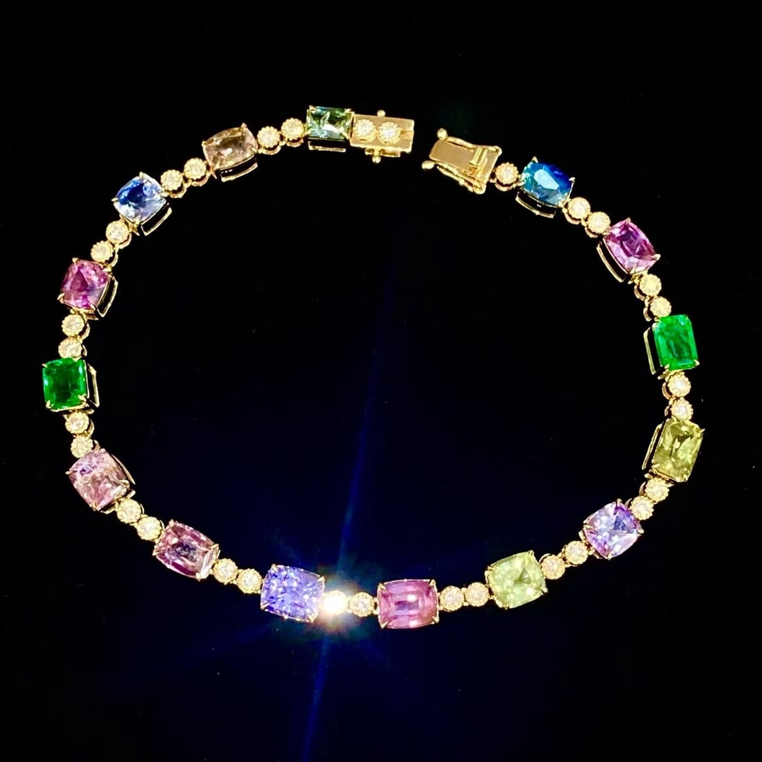 14k Gold 10.15 Ct Natural Sapphire & Emerald & Diamond Bracelet: Ref:231186122 // gold content:14k gold // main gemstone:sapphire & emerald // shape:cushion & octagonal // carat weight:10. 15ct // color:color // treatment:natural // // adjacent gemstone 2 :