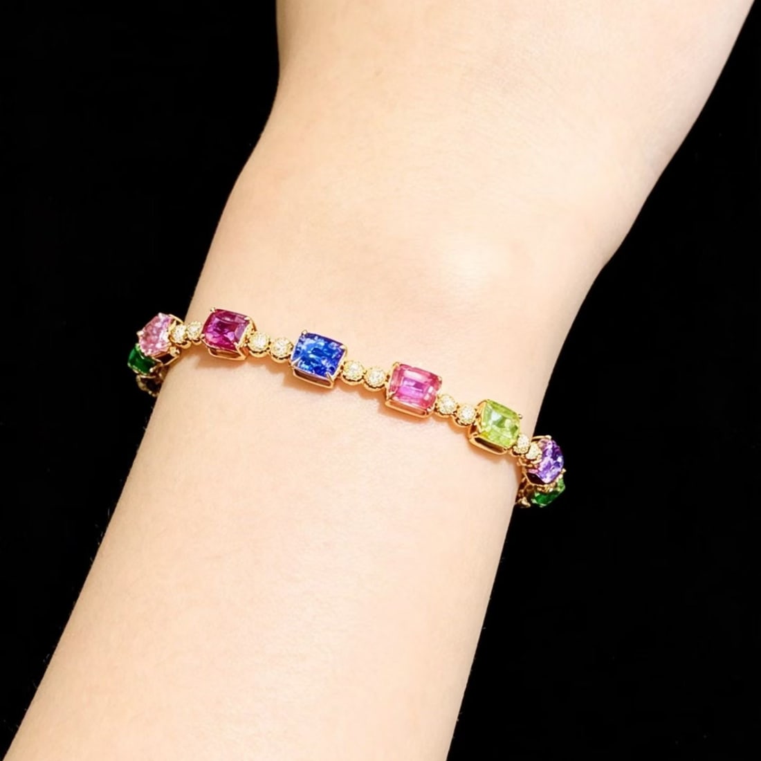 14k Gold 10.15 Ct Natural Sapphire & Emerald & Diamond Bracelet - 7