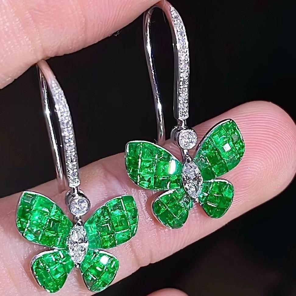 14k Gold 2.50 Ctw Natural Emerald & Diamond & Butterfly Earrings: Ref:231186126 // gold content:14k gold // main gemstone:emerald // shape:square // carat weight:2. 18ct // color:green // treatment:natural // // adjacent gemstone 2 : diamond // shape:multiple //