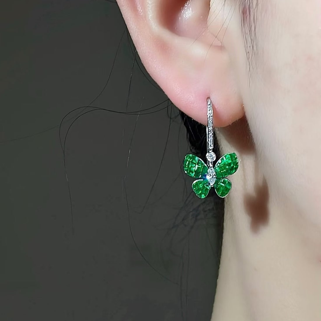 14k Gold 2.50 Ctw Natural Emerald & Diamond & Butterfly Earrings - 2