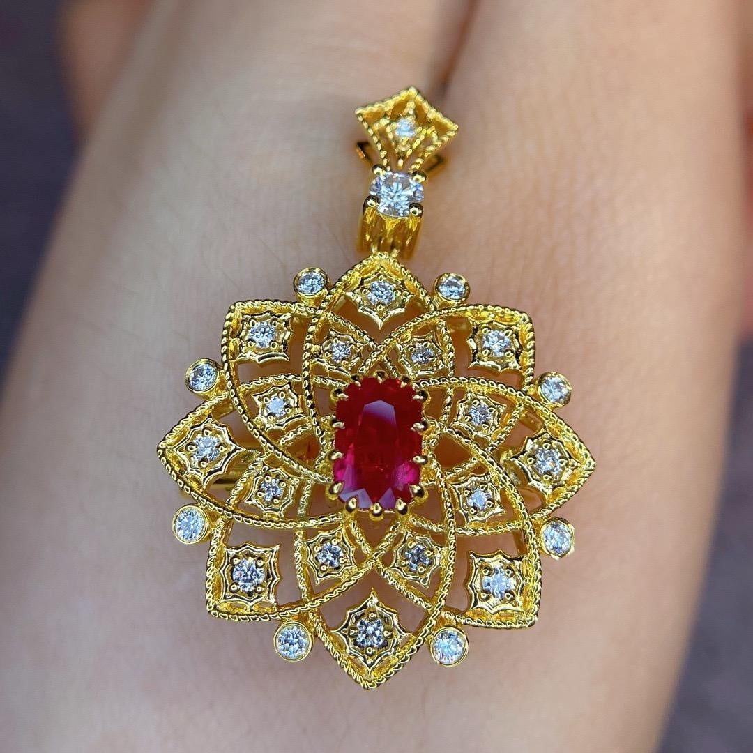 14k Gold 1.41 Ctw Natural Ruby & Diamond Pendant( Without Chain ): Ref:231186128 // gold content:14k gold // main gemstone:ruby // shape:oval // carat weight:1. 06ct // color:red // treatment:natural // // adjacent gemstone 2 : diamond // shape:round // carat