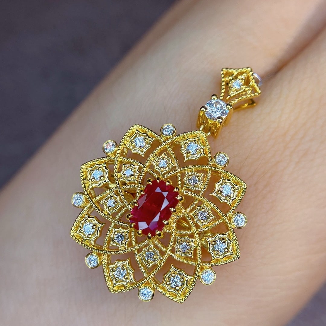 14k Gold 1.41 Ctw Natural Ruby & Diamond Pendant( Without Chain ) - 2