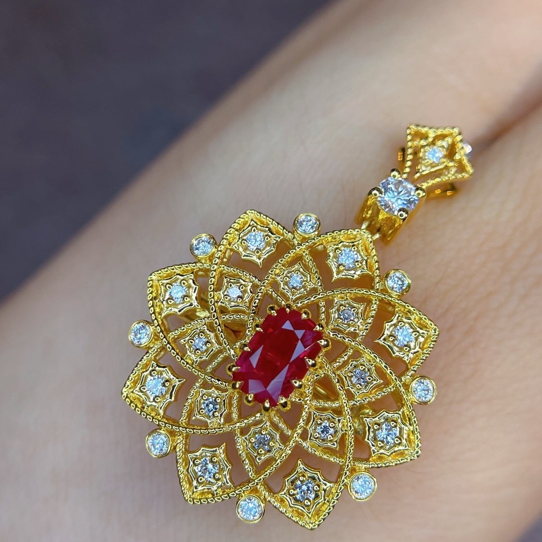 14k Gold 1.41 Ctw Natural Ruby & Diamond Pendant( Without Chain ) - 4