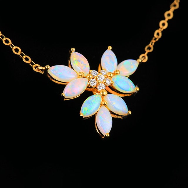 14k Gold 0.96 Ctw Natural Opal & Diamond Necklace - 2