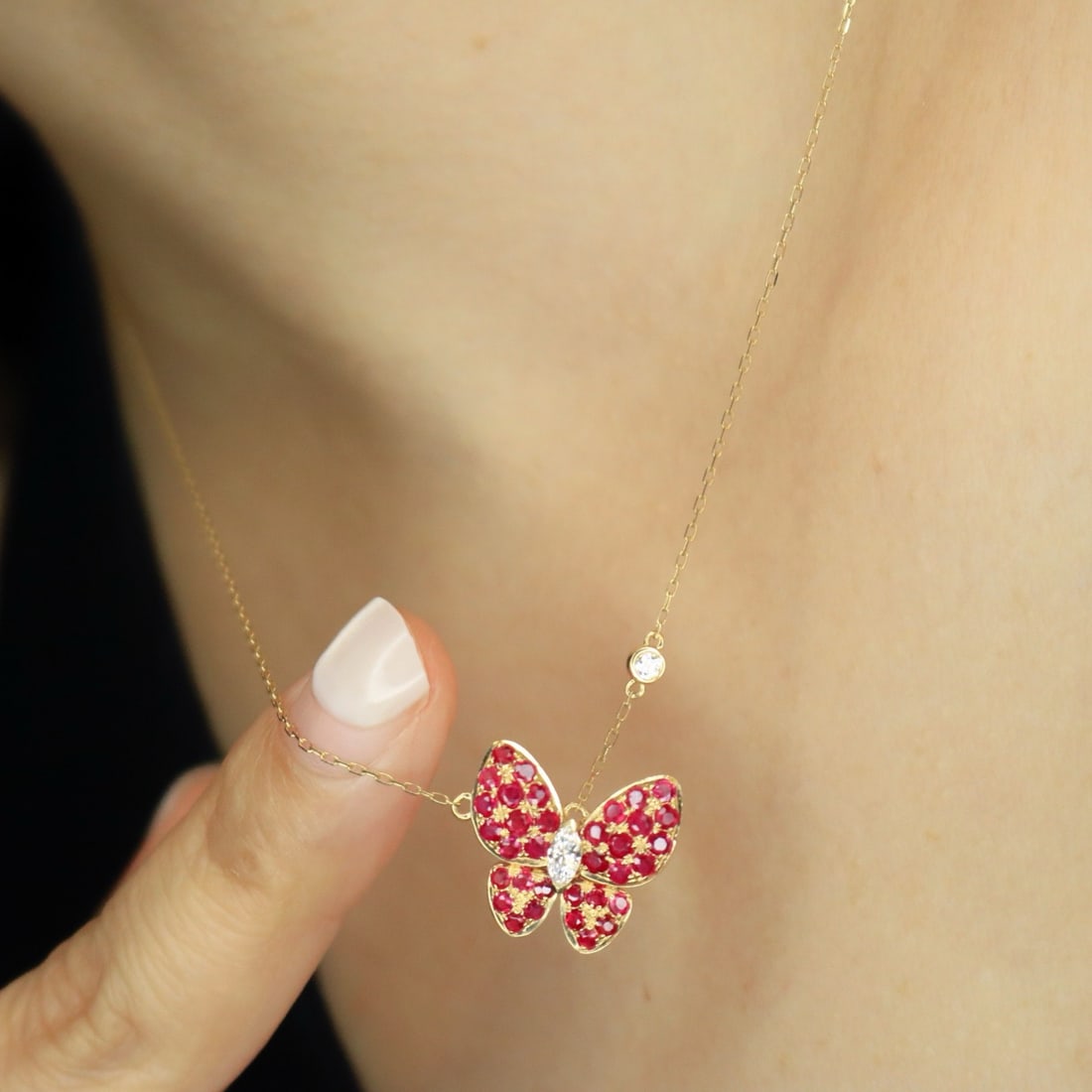 14k Gold 1.31 Ctw Natural Ruby & Diamond & Butterfly Necklace - 2