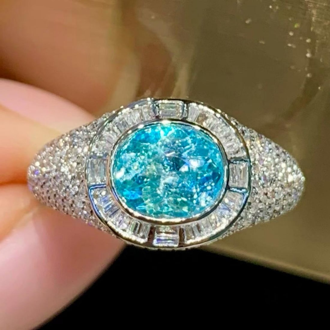 14k Gold 1.3 Ct Natural Paraiba Tourmaline & Diamond Ring: Ref:231186151 // gold content:14k gold // ring size:7. 25us // // main gemstone:paraiba tourmaline // shape:oval // carat weight:1. 3ct // color:blue // treatment:natural // // adjacent gemstone 2 :