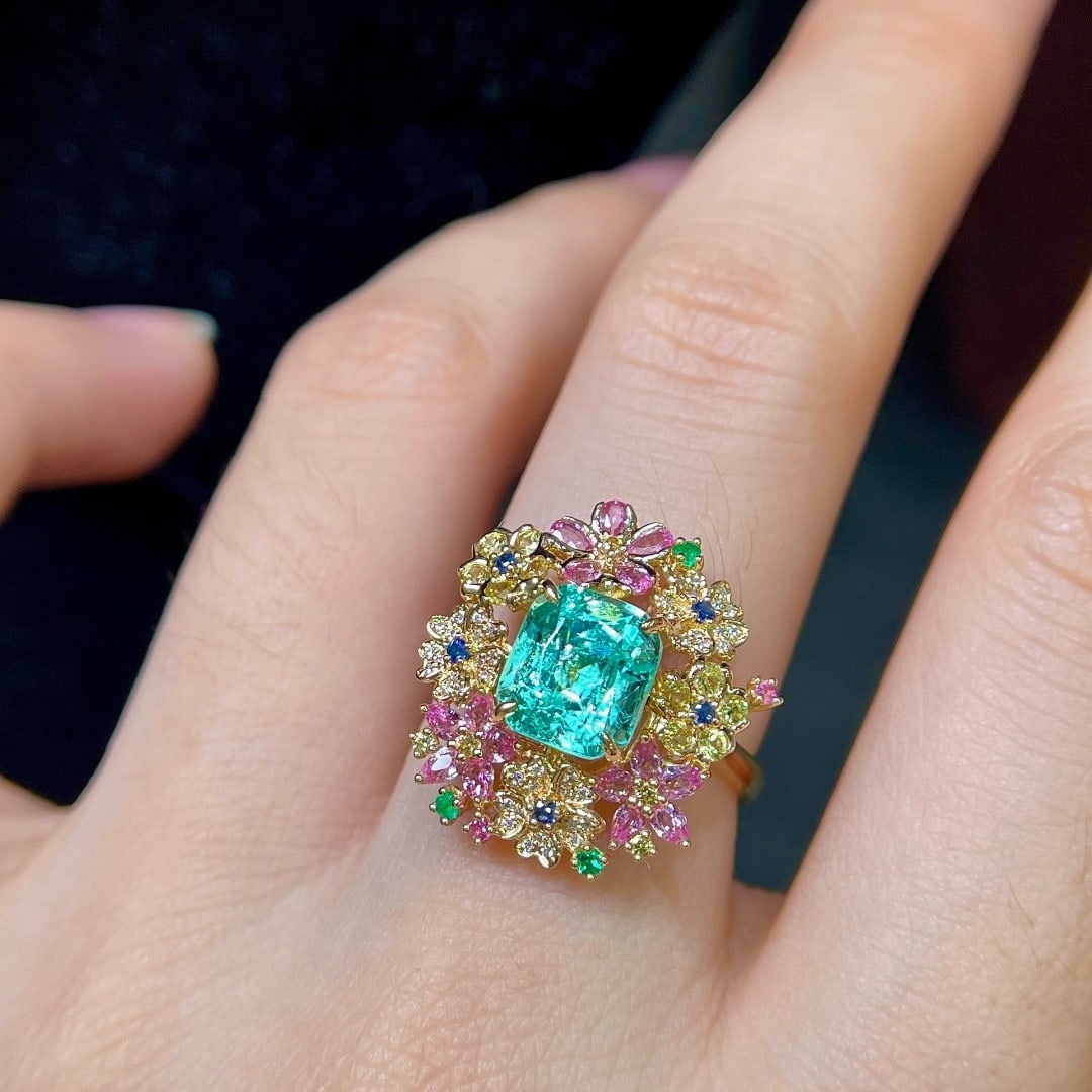 14k Gold 2.36 Ctw Natural Paraiba Tourmaline & Diamond Ring - 7