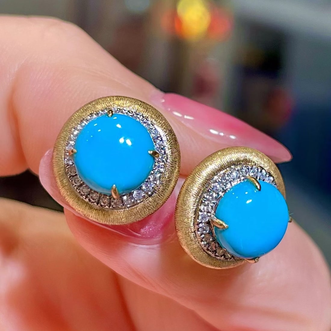 14k Gold 4.27 Ctw Natural Blue Turquoise & Diamond Earrings - 3