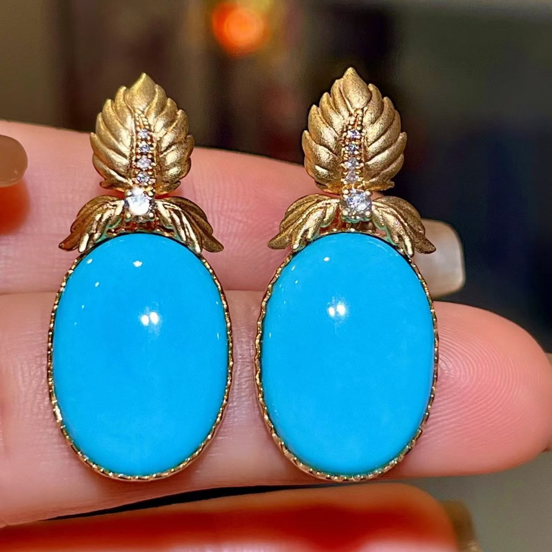14k Gold 14.96 Ctw Natural Blue Turquoise & Diamond Earrings: Ref:231186159 // gold content:14k gold // main gemstone:blue turquoise // shape:oval // carat weight:14. 81ct // color:blue // treatment:natural // // adjacent gemstone 2 : diamond // shape:round //