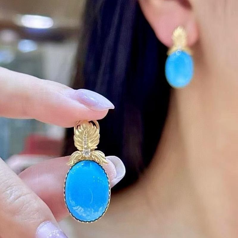 14k Gold 14.96 Ctw Natural Blue Turquoise & Diamond Earrings - 2