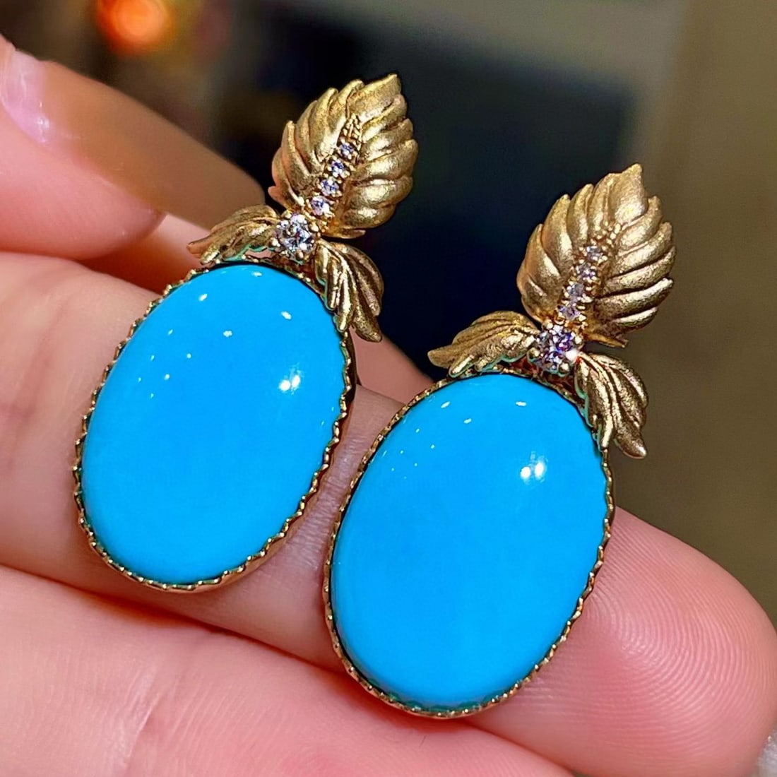 14k Gold 14.96 Ctw Natural Blue Turquoise & Diamond Earrings - 3