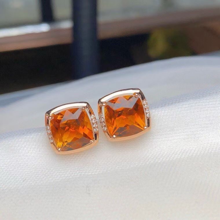 14k Gold 4.85 Ct Natural Citrine & Diamond Earrings - 2